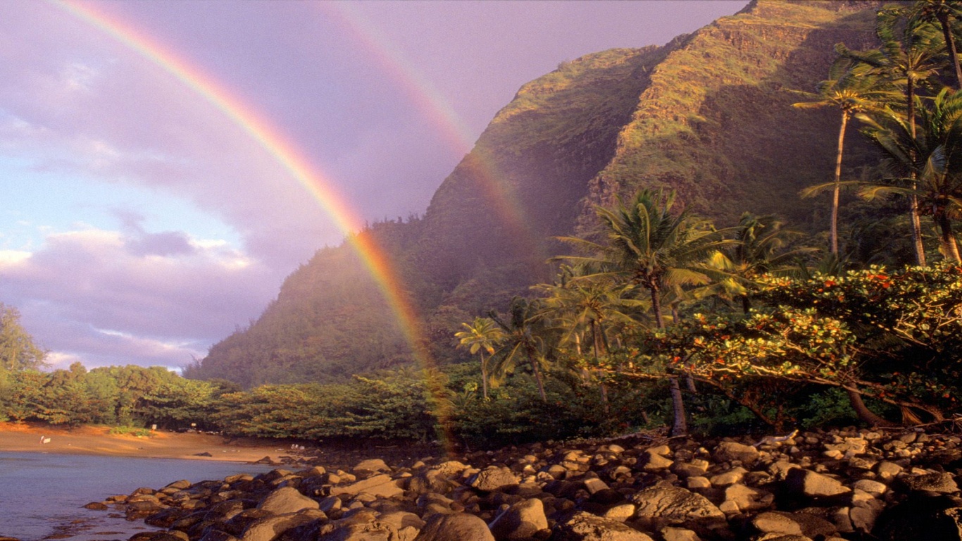 Double Rainbow, Kee Beach, Kauai, Hawaii   1600x