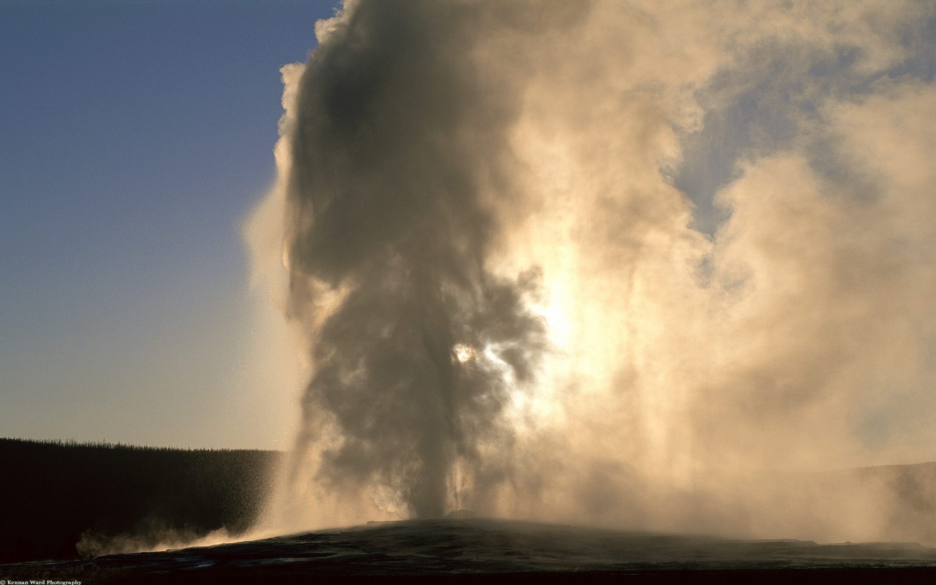 Old Faithful Geyser at Sunset, Yellowstone, Wyom